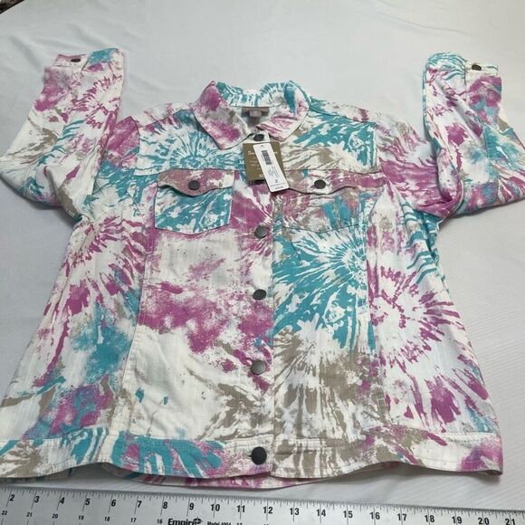 NWT Chico’s Multi Color Tie Dye Trucker Vandal Orchid Jacket Size 2 US Large New - Picture 5 of 8